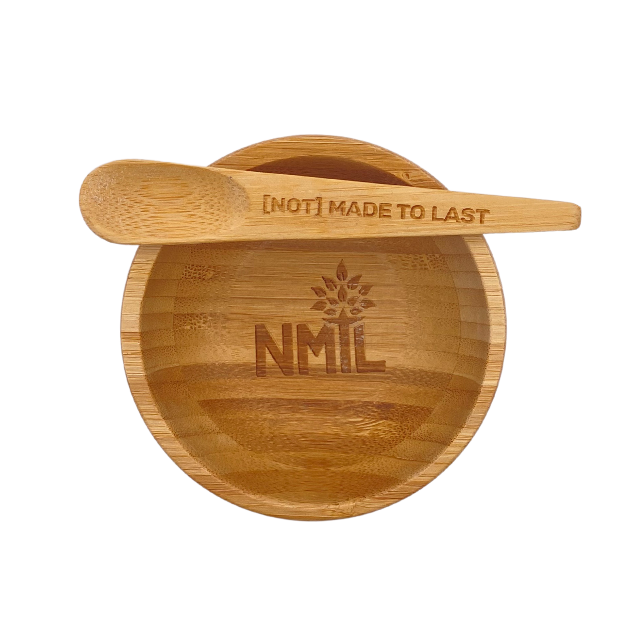 Bamboo mixing bowl and spoon engraved with the NMTL logo or text